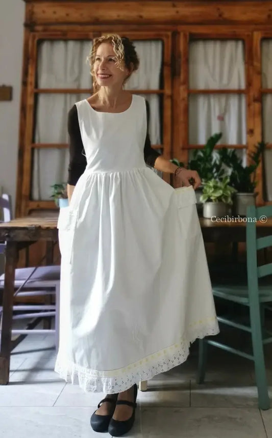 Grembiule da cucina in cotone con monogramma EC e bordo in pizzo con nastro giallo (Ref. 135) grembiule donna tessuti