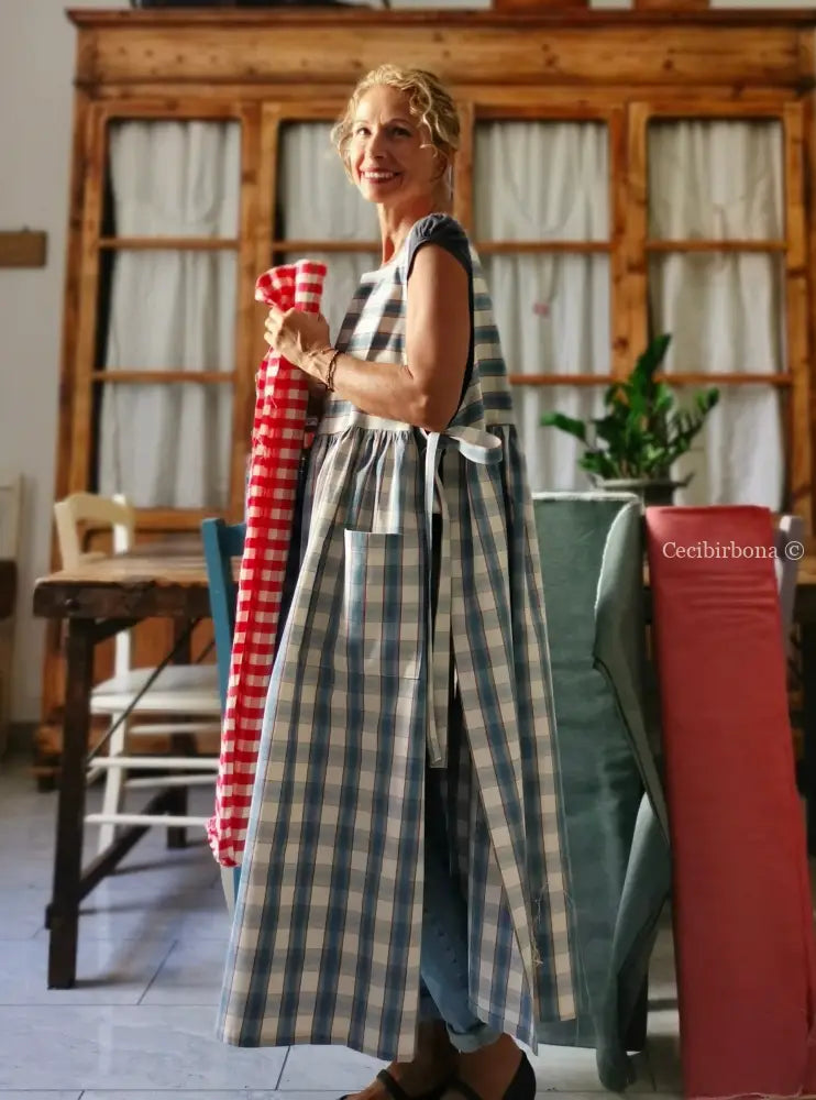 Grembiule da cucina in cotone tartan celeste (Ref. 75) grembiule donna tessuti moderni