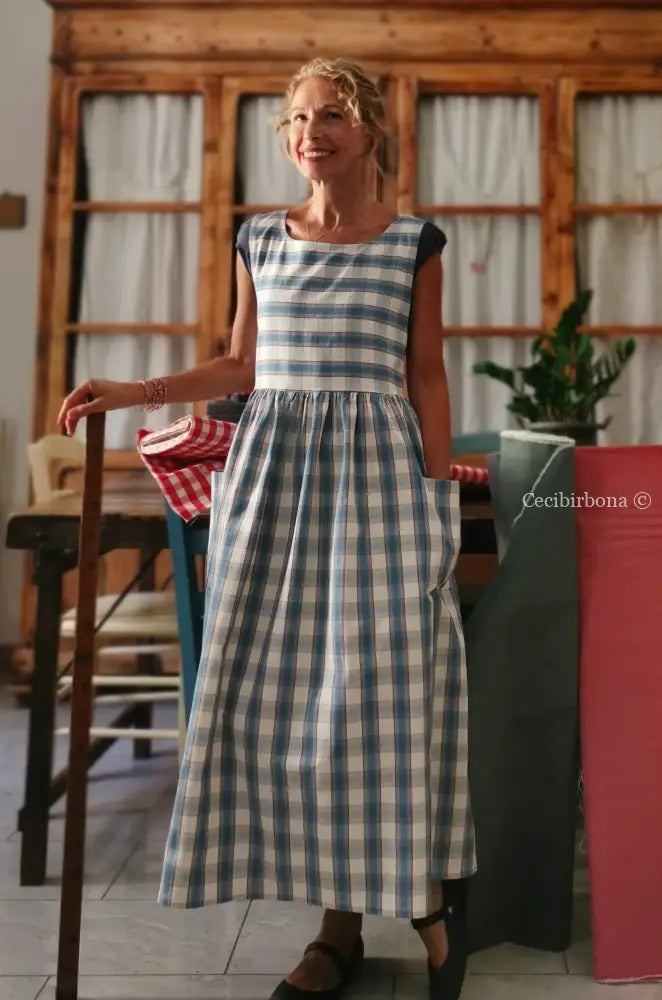 Grembiule da cucina in cotone tartan celeste (Ref. 75) grembiule donna tessuti moderni