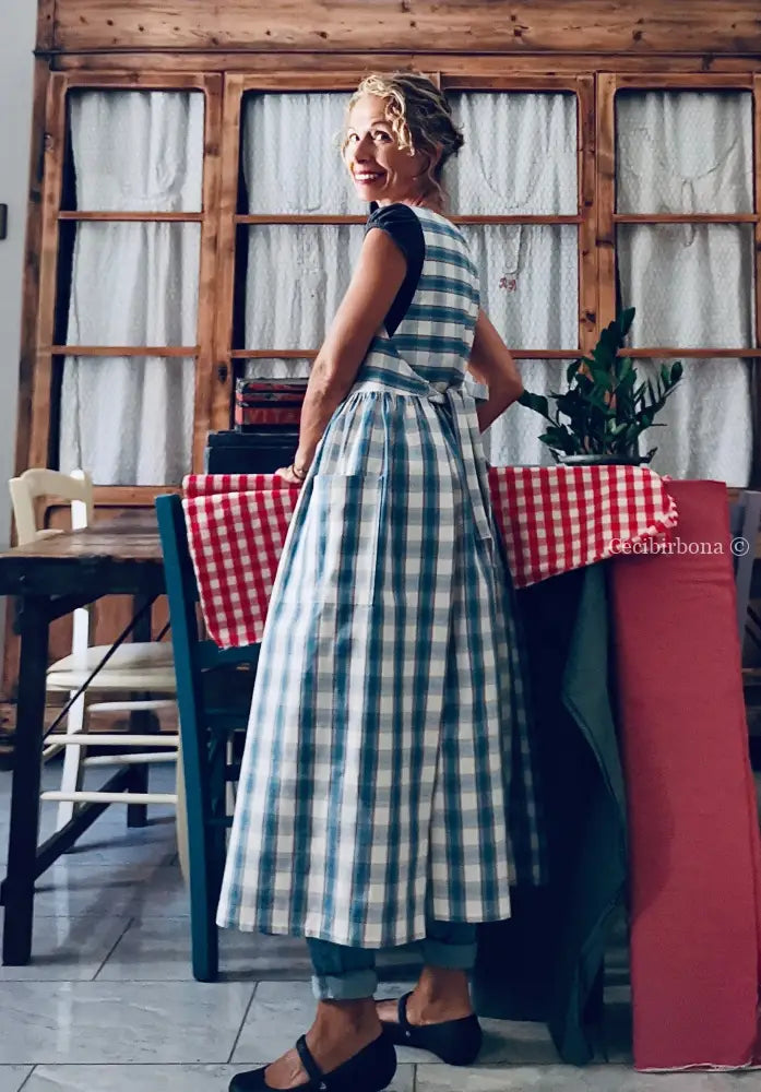 Grembiule da cucina in cotone tartan celeste (Ref. 75) grembiule donna tessuti moderni