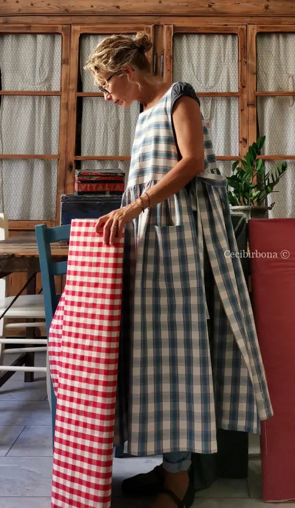 Grembiule da cucina in cotone tartan celeste (Ref. 75) grembiule donna tessuti moderni