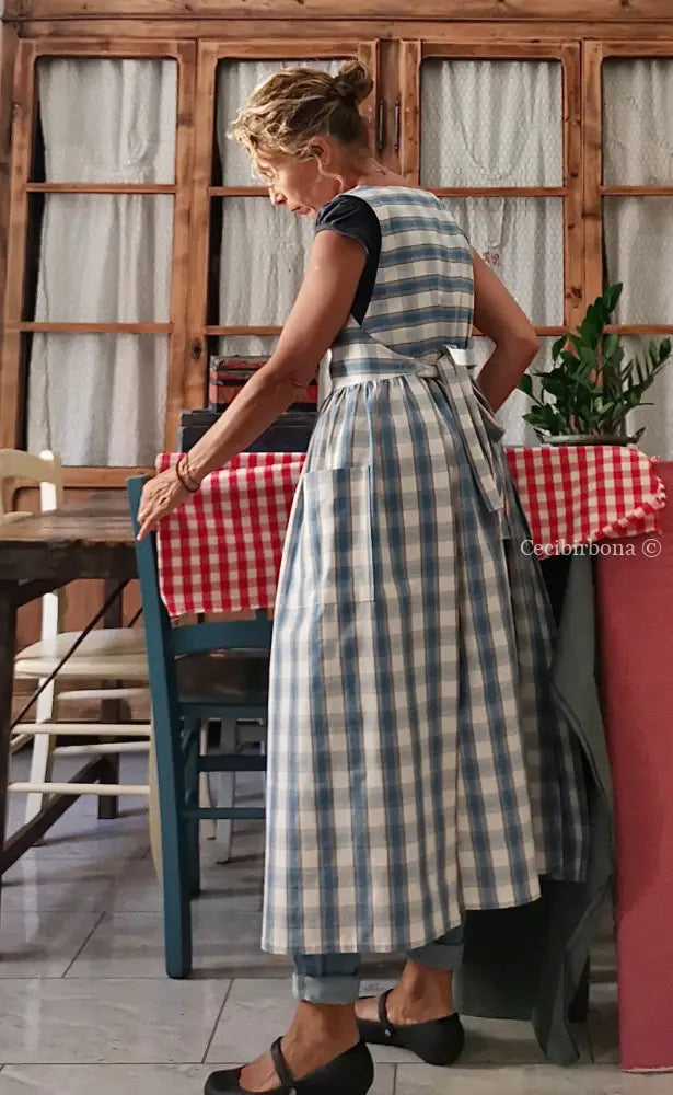 Grembiule da cucina in cotone tartan celeste (Ref. 75) grembiule donna tessuti moderni