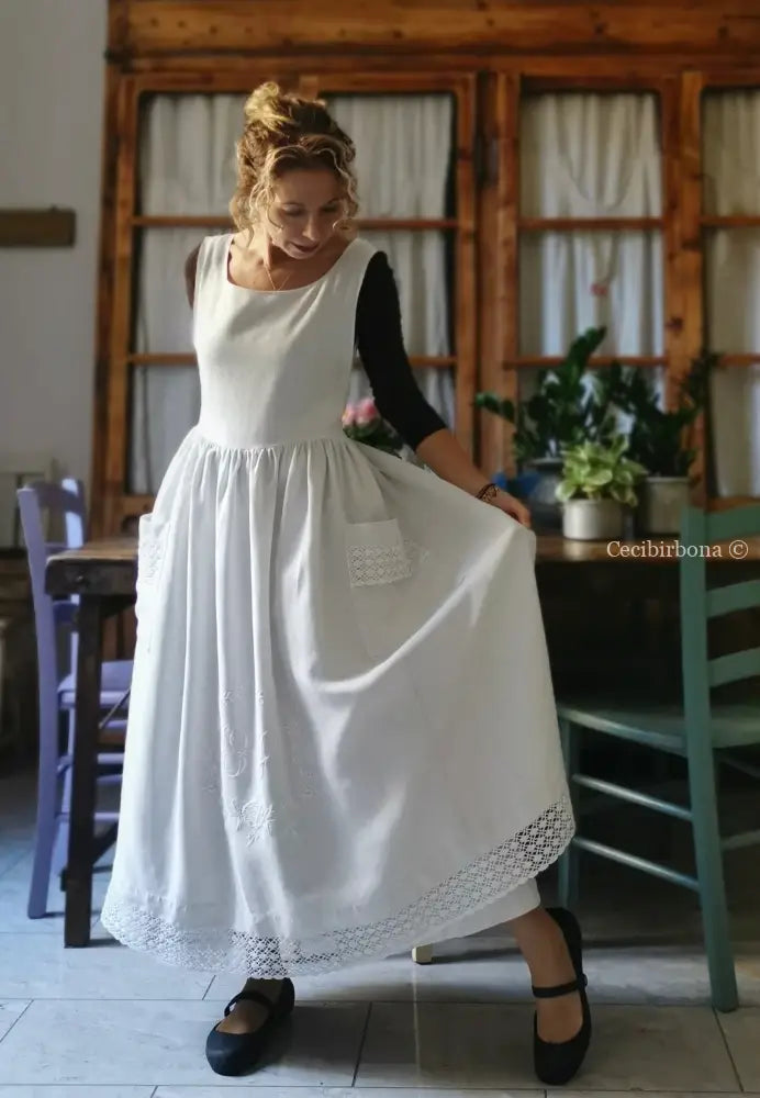 Grembiule da cucina in lino con pizzo e monogramma OA (Ref. 130) grembiule donna tessuti antichi