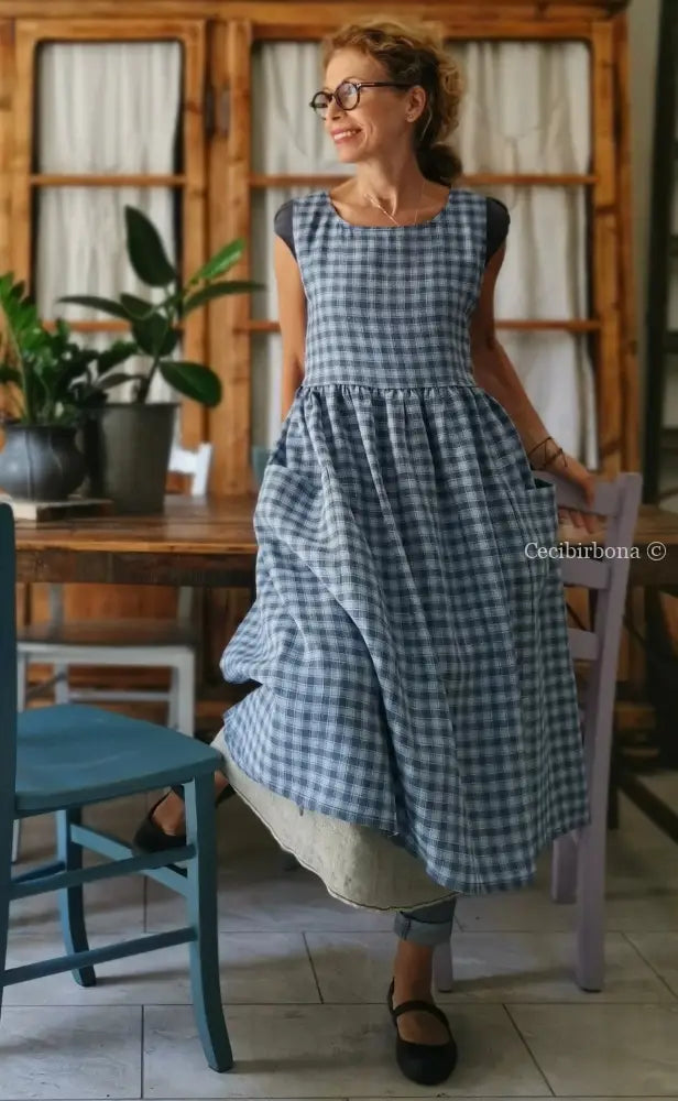 Grembiule da cucina in lino tartan celeste e blue (Ref. 77) grembiule donna tessuti moderni