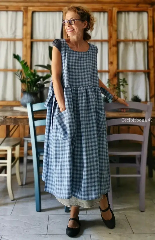 Grembiule da cucina in lino tartan celeste e blue (Ref. 77) grembiule donna tessuti moderni