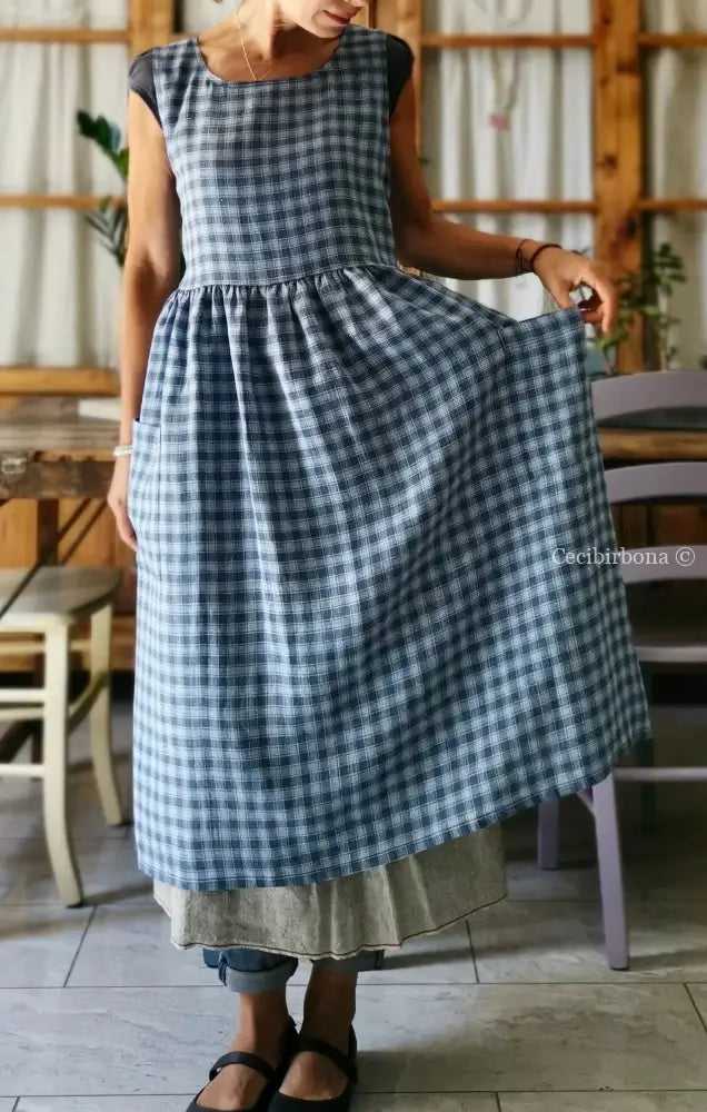 Grembiule da cucina in lino tartan celeste e blue (Ref. 77) grembiule donna tessuti moderni
