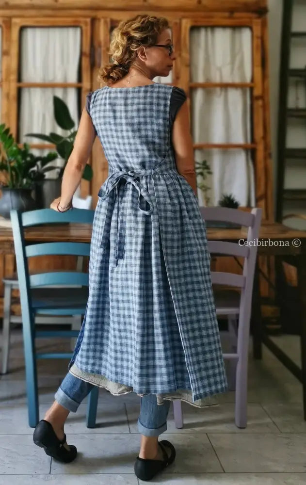 Grembiule da cucina in lino tartan celeste e blue (Ref. 77) grembiule donna tessuti moderni