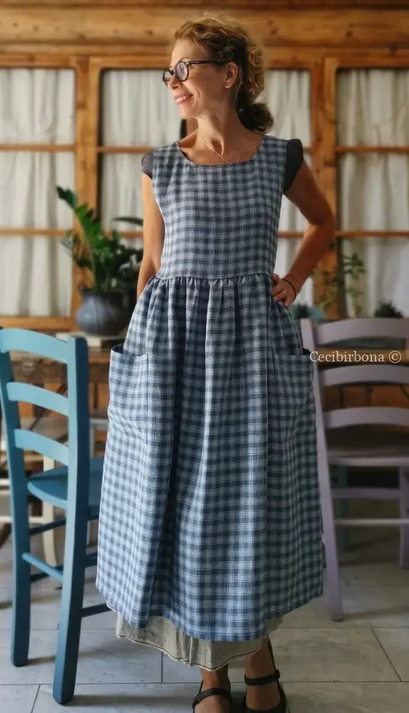 Grembiule da cucina in lino tartan celeste e blue (Ref. 77) grembiule donna tessuti moderni