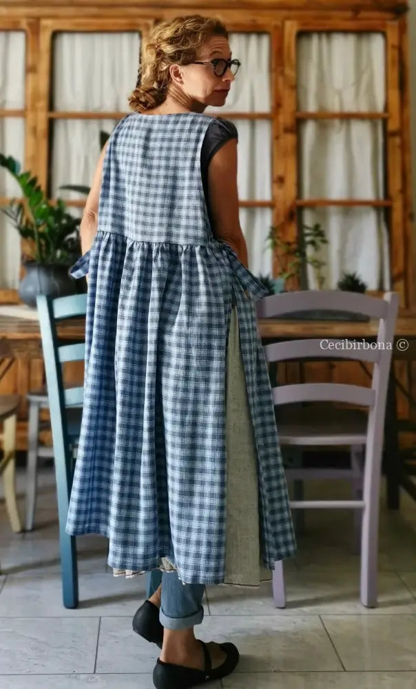 Grembiule da cucina in lino tartan celeste e blue (Ref. 77) grembiule donna tessuti moderni