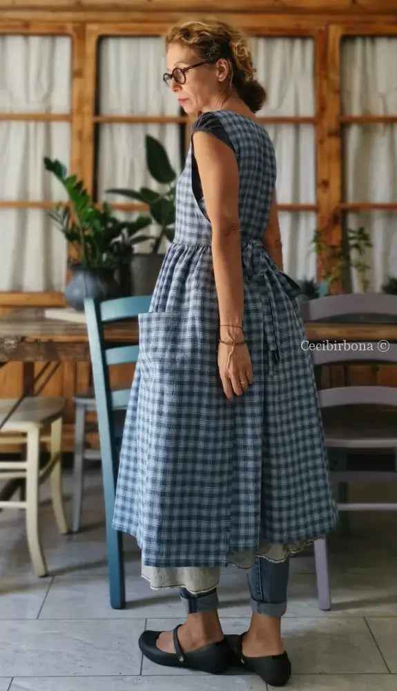 Grembiule da cucina in lino tartan celeste e blue (Ref. 77) grembiule donna tessuti moderni