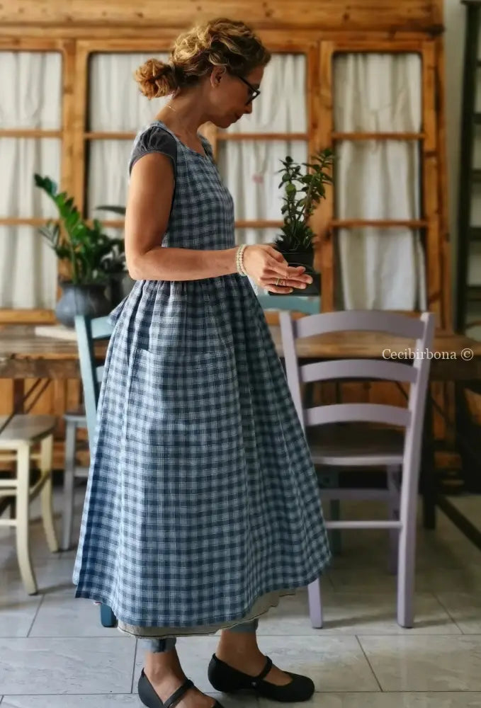 Grembiule da cucina in lino tartan celeste e blue (Ref. 77) grembiule donna tessuti moderni