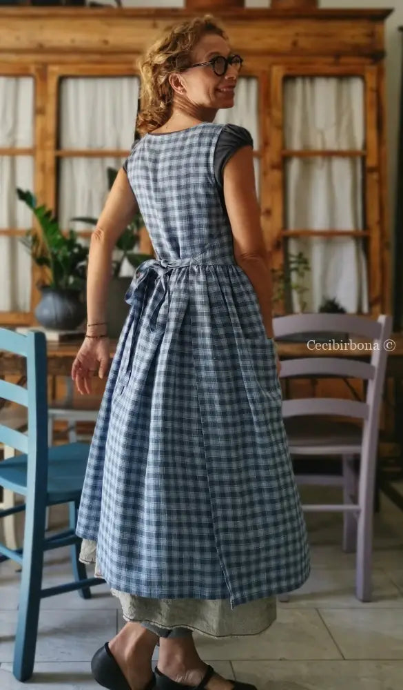 Grembiule da cucina in lino tartan celeste e blue (Ref. 77) grembiule donna tessuti moderni