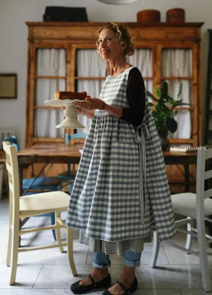 Grembiule da cucina per donna in cotone a quadri celesti (Ref. 78) grembiule donna tessuti moderni
