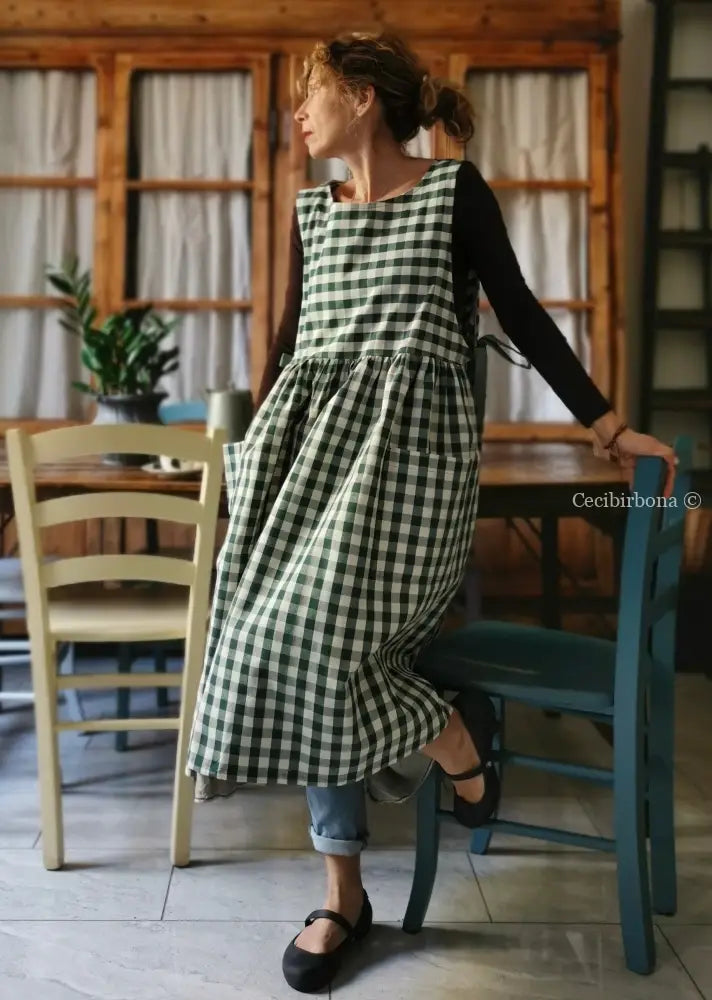 Grembiule da cucina per donna in cotone a quadri verde scuro (Ref. 168) grembiule donna tessuti moderni