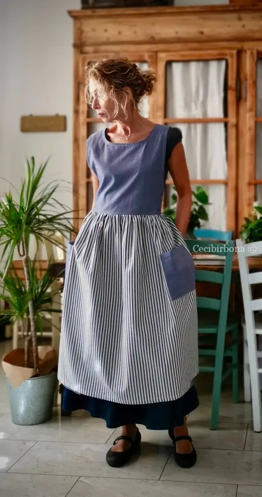 Grembiule da cucina per donna in cotone a righe blu patchwork (Ref. 405) grembiule donna tessuti moderni
