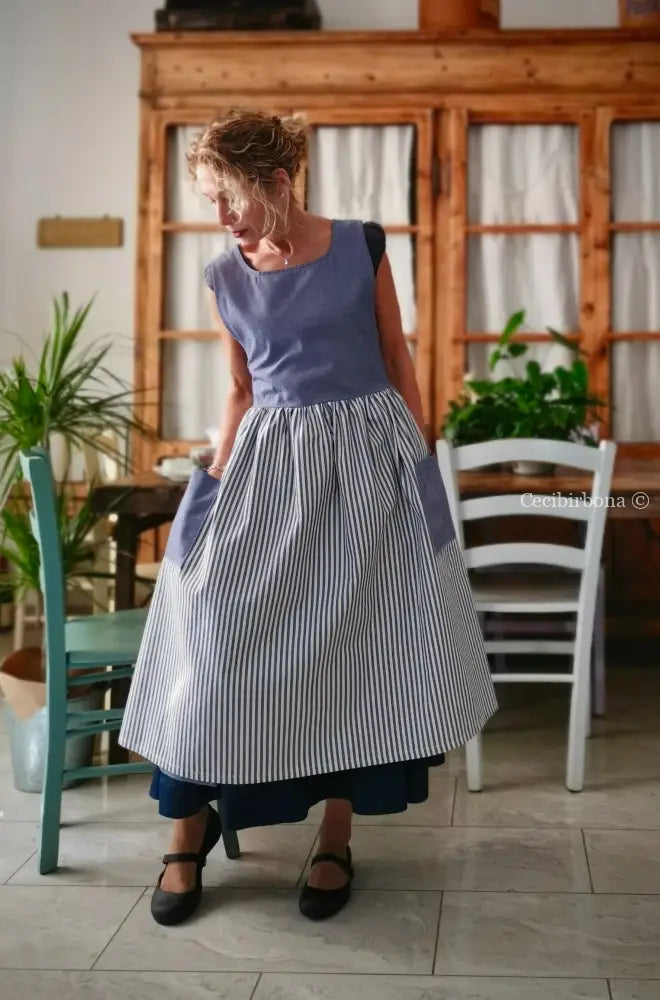 Grembiule da cucina per donna in cotone a righe blu patchwork (Ref. 405) grembiule donna tessuti moderni