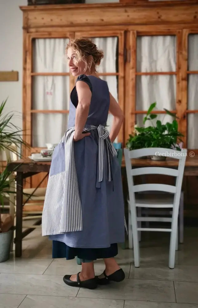 Grembiule da cucina per donna in cotone a righe blu patchwork (Ref. 405) grembiule donna tessuti moderni