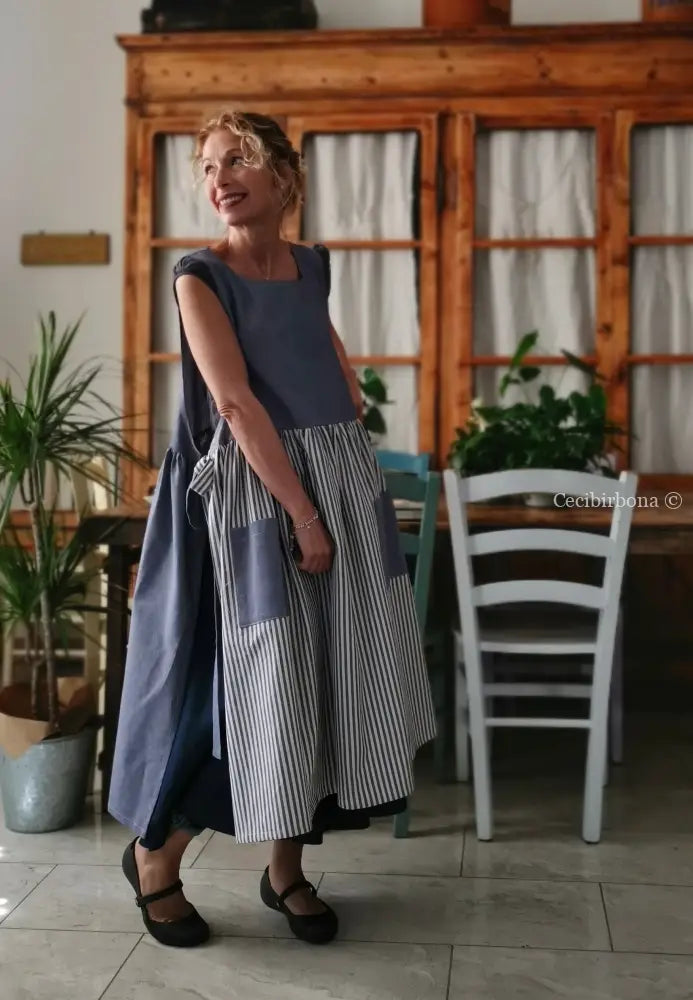 Grembiule da cucina per donna in cotone a righe blu patchwork (Ref. 405) grembiule donna tessuti moderni