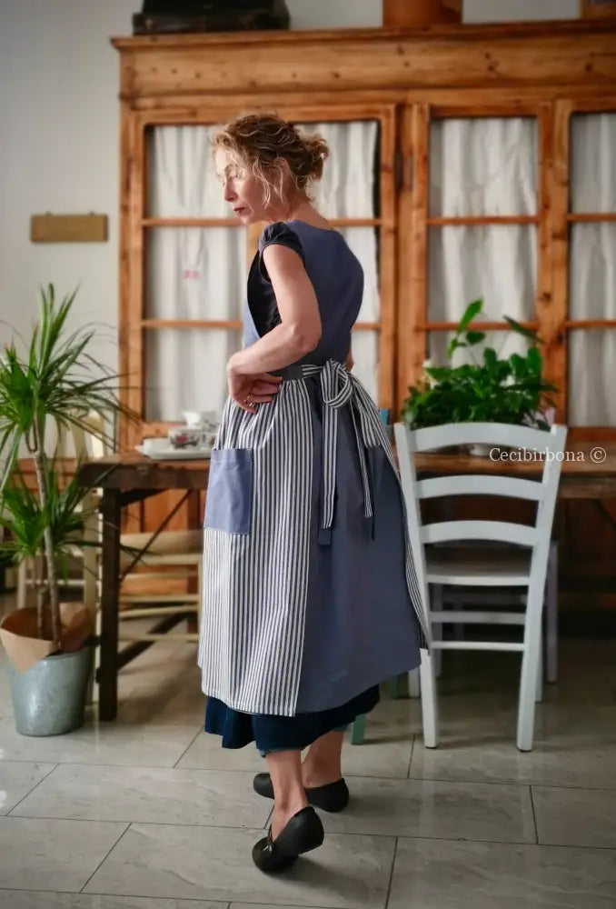 Grembiule da cucina per donna in cotone a righe blu patchwork (Ref. 405) grembiule donna tessuti moderni