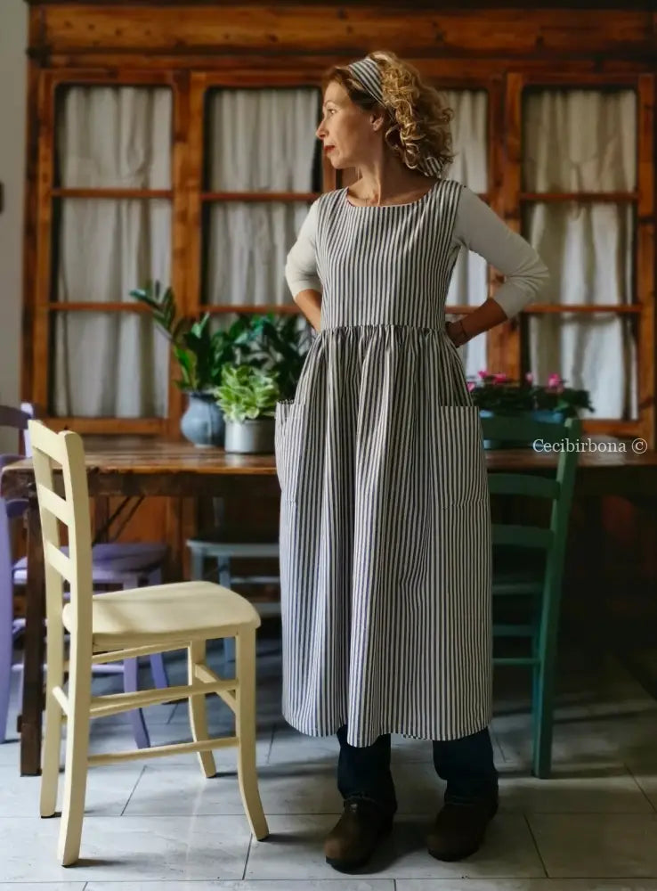 Grembiule da cucina per donna in cotone a righe blu (Ref. 88) grembiule donna tessuti moderni