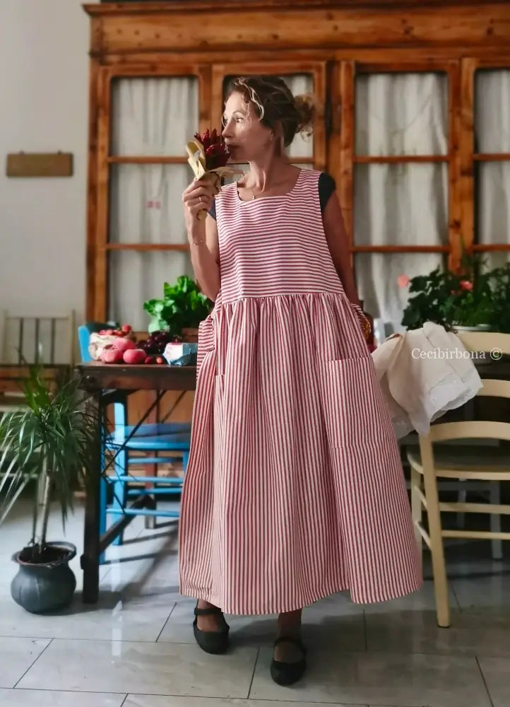 Grembiule da cucina per donna in cotone a righe rosso ciliegia (Ref. 521) - grembiule donna tessuti moderni