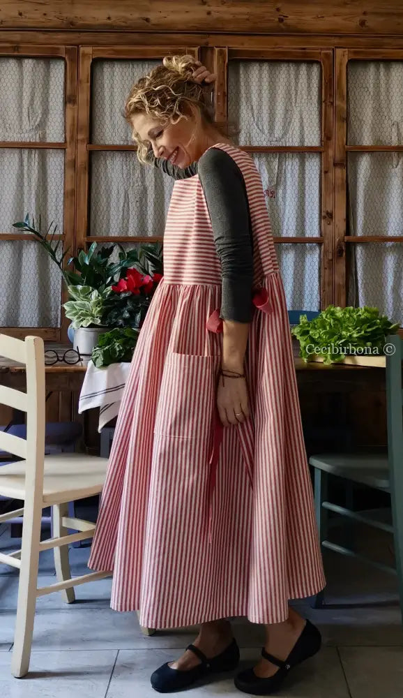 Grembiule da cucina per donna in cotone a righe rosso ciliegia (Ref. 91) grembiule donna tessuti moderni