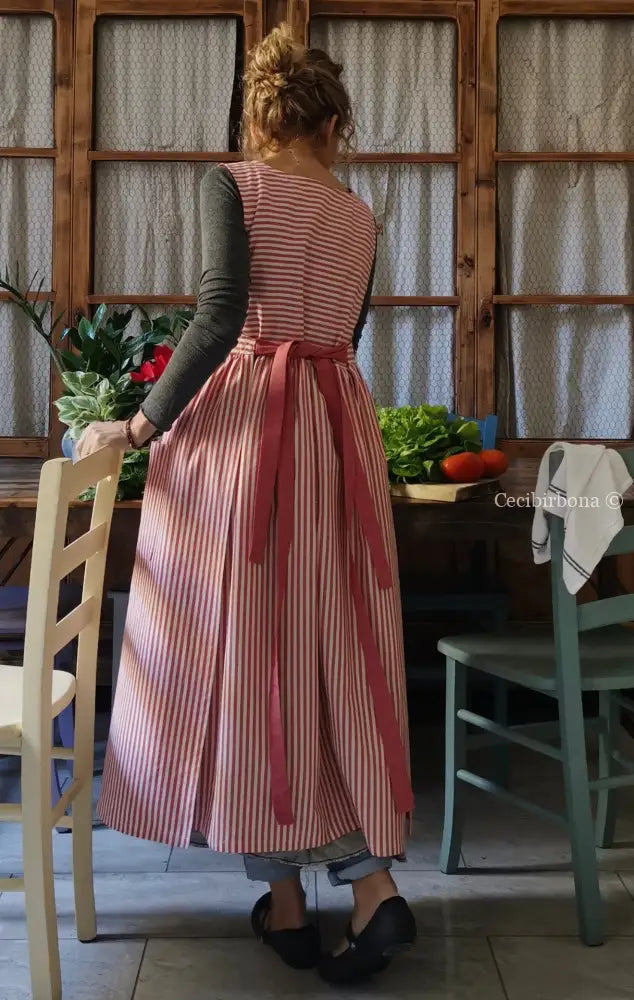 Grembiule da cucina per donna in cotone a righe rosso ciliegia (Ref. 91) grembiule donna tessuti moderni
