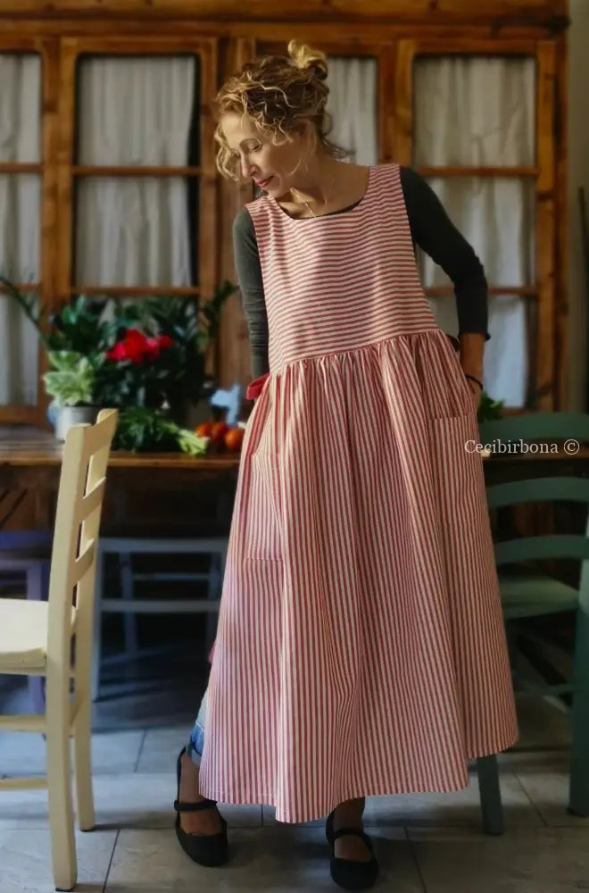 Grembiule da cucina per donna in cotone a righe rosso ciliegia (Ref. 91) grembiule donna tessuti moderni