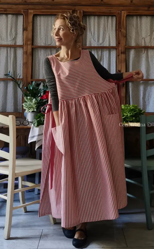 Grembiule da cucina per donna in cotone a righe rosso ciliegia (Ref. 91) grembiule donna tessuti moderni