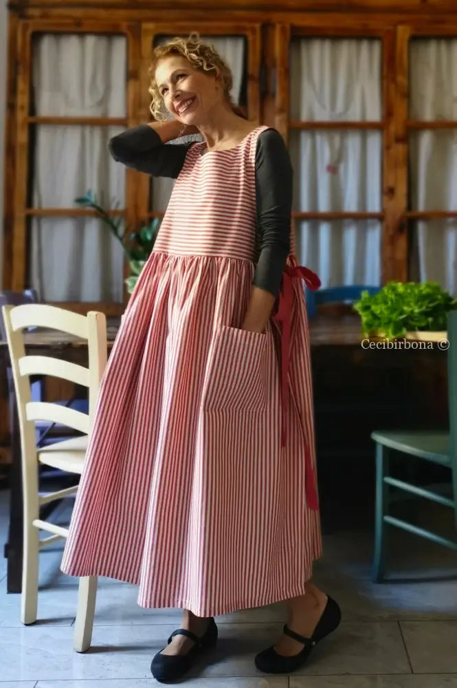 Grembiule da cucina per donna in cotone a righe rosso ciliegia (Ref. 91) grembiule donna tessuti moderni