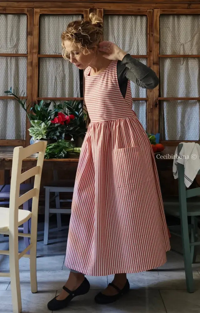 Grembiule da cucina per donna in cotone a righe rosso ciliegia (Ref. 91) grembiule donna tessuti moderni