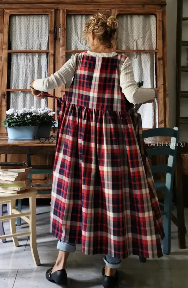 Grembiule da cucina per donna in cotone tartan rosso e blu (Ref. 69) Lunghezza grembiule 99 cm (lunghezza corpino 33
