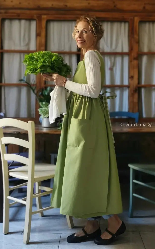 Grembiule da cucina per donna in cotone verde (Rif. 95) grembiule donna tessuti moderni