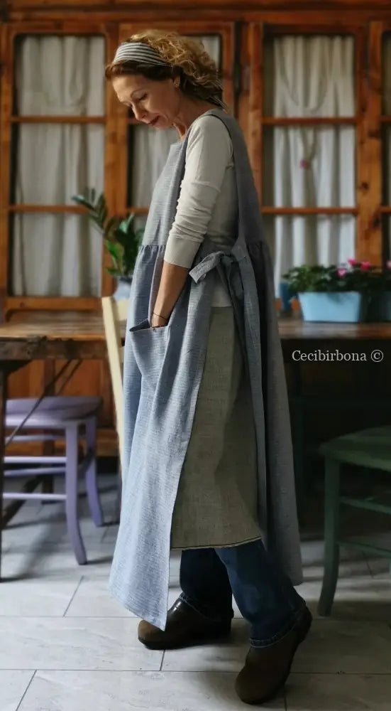 Grembiule da cucina per donna in lino azzurro (Ref. 89) grembiule donna tessuti moderni