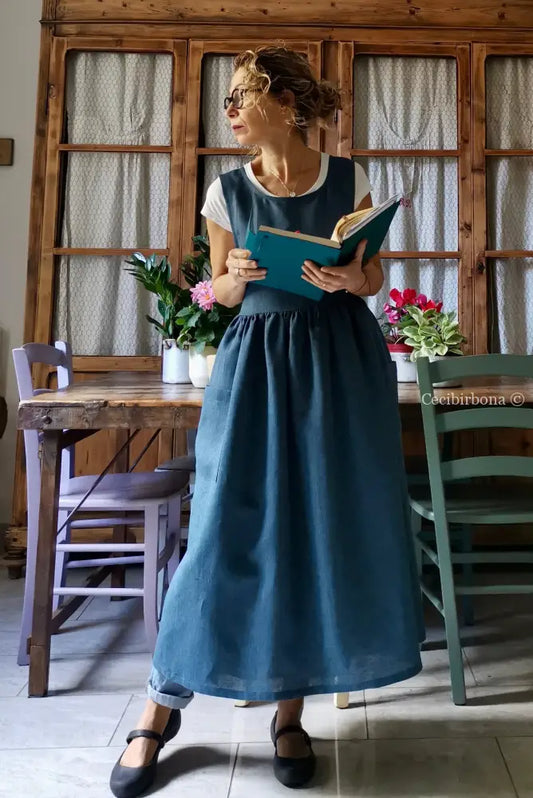 Grembiule da donna in lino blu azzurro (Rif. 64) grembiule donna tessuti moderni