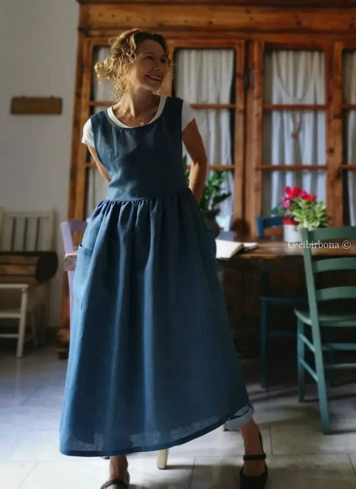Grembiule da donna in lino blu azzurro (Rif. 64) grembiule donna tessuti moderni