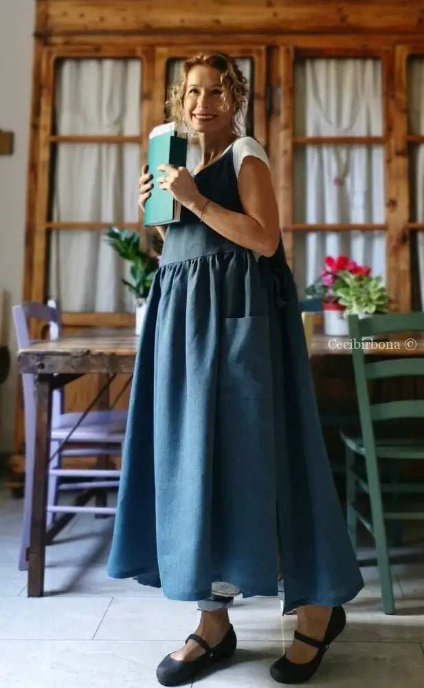 Grembiule da donna in lino blu azzurro (Rif. 64) grembiule donna tessuti moderni