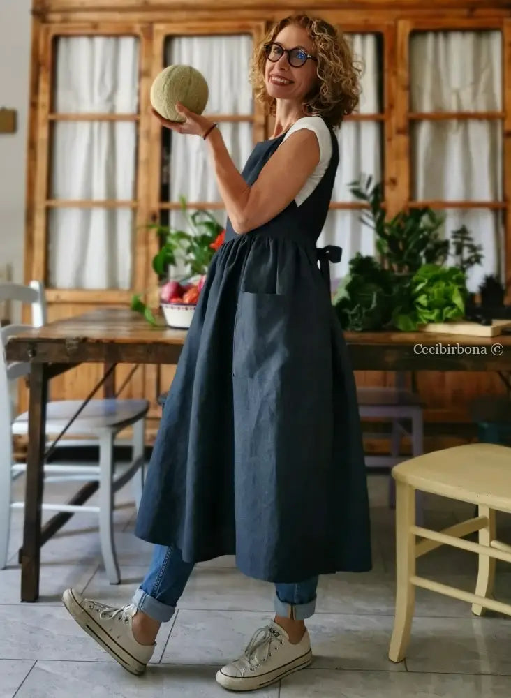 Grembiule da donna in lino blu grembiule donna tessuti moderni