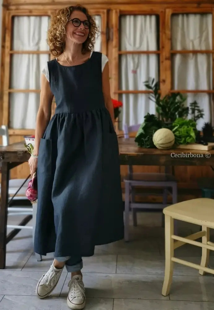 Grembiule da donna in lino blu grembiule donna tessuti moderni