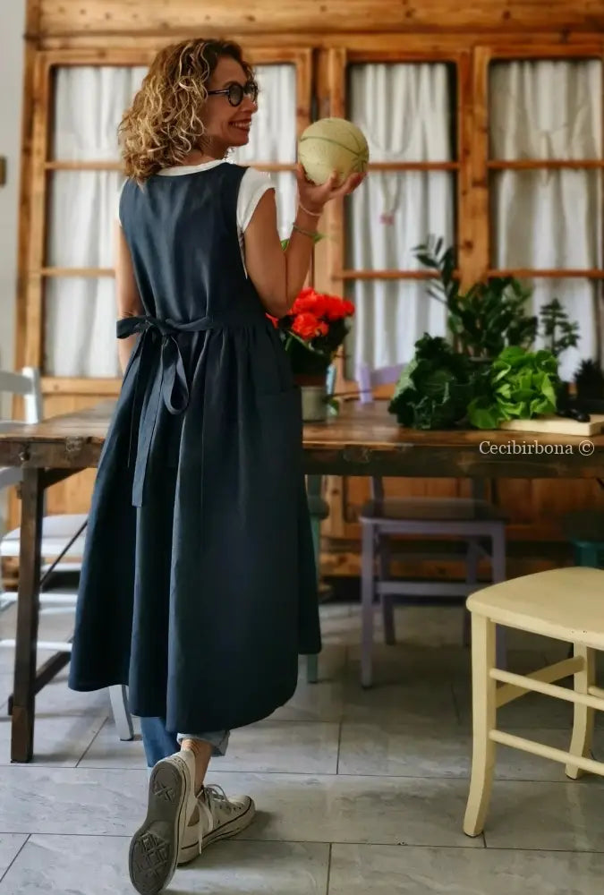 Grembiule da donna in lino blu grembiule donna tessuti moderni