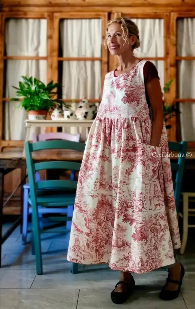 Grembiule di toile de Jouy rossa (Ref. 308) grembiule donna tessuti moderni