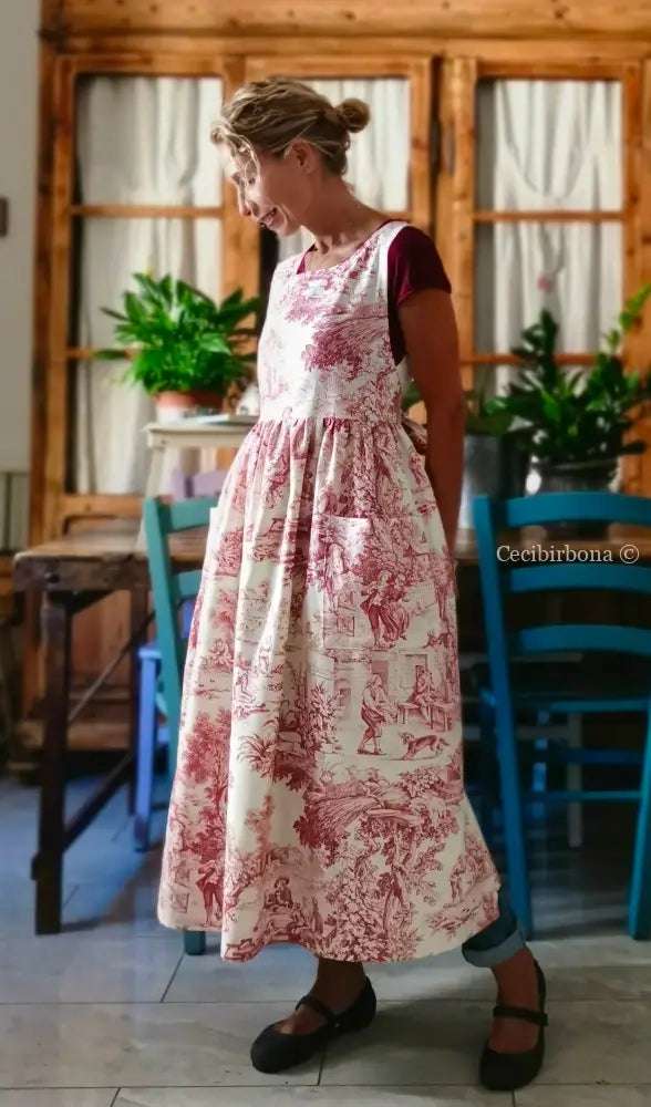 Grembiule di toile de Jouy rossa (Ref. 308) grembiule donna tessuti moderni