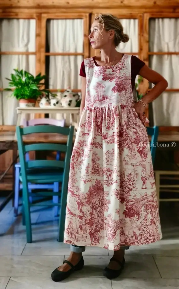 Grembiule di toile de Jouy rossa (Ref. 308) grembiule donna tessuti moderni