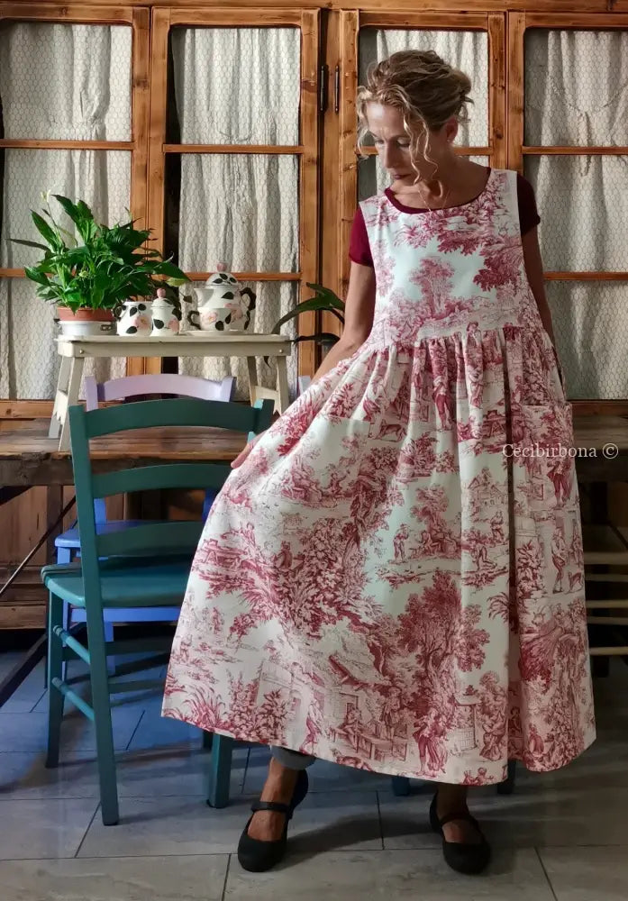 Grembiule di toile de Jouy rossa (Ref. 308) grembiule donna tessuti moderni