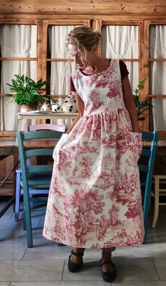 Grembiule di toile de Jouy rossa (Ref. 308) grembiule donna tessuti moderni
