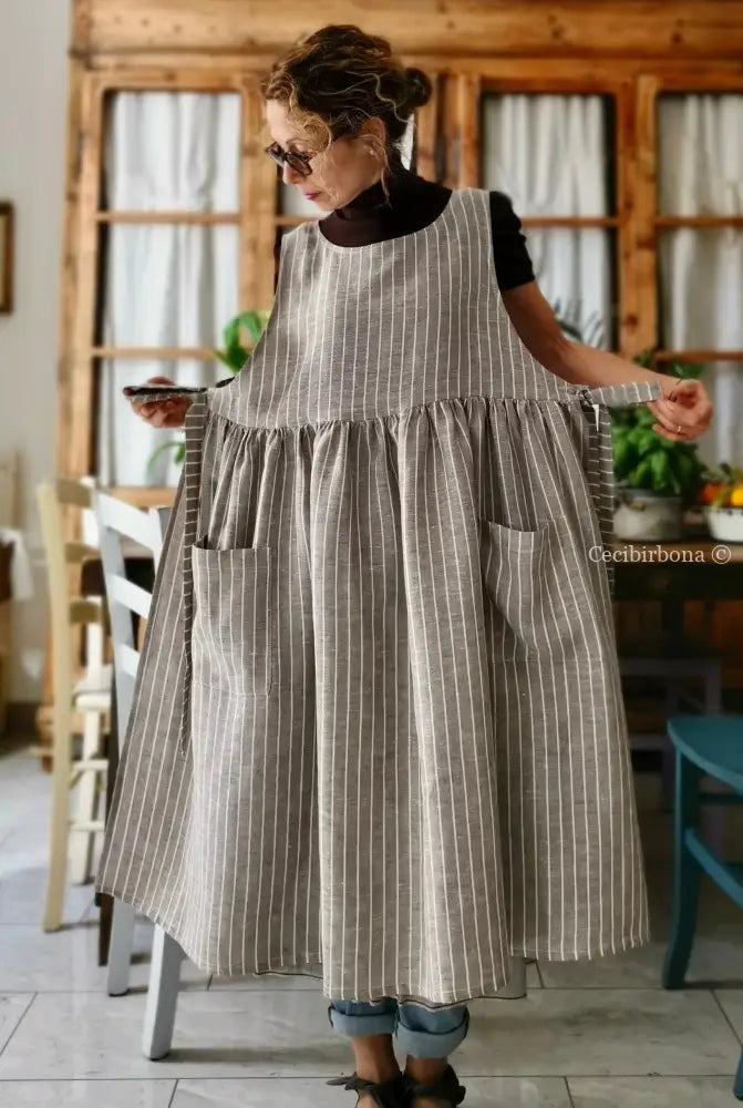 Grembiule donna in lino marrone rigato (Ref. 81) grembiule donna tessuti moderni