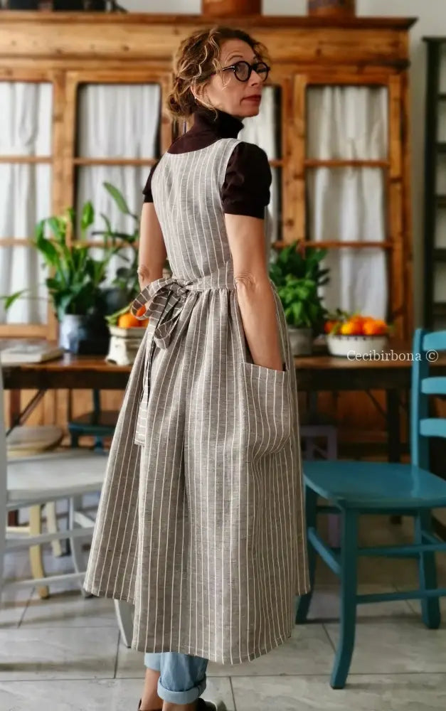 Grembiule donna in lino marrone rigato (Ref. 81) grembiule donna tessuti moderni