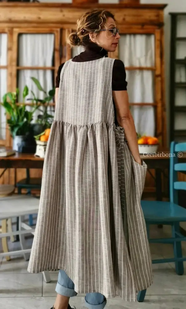 Grembiule donna in lino marrone rigato (Ref. 81) grembiule donna tessuti moderni