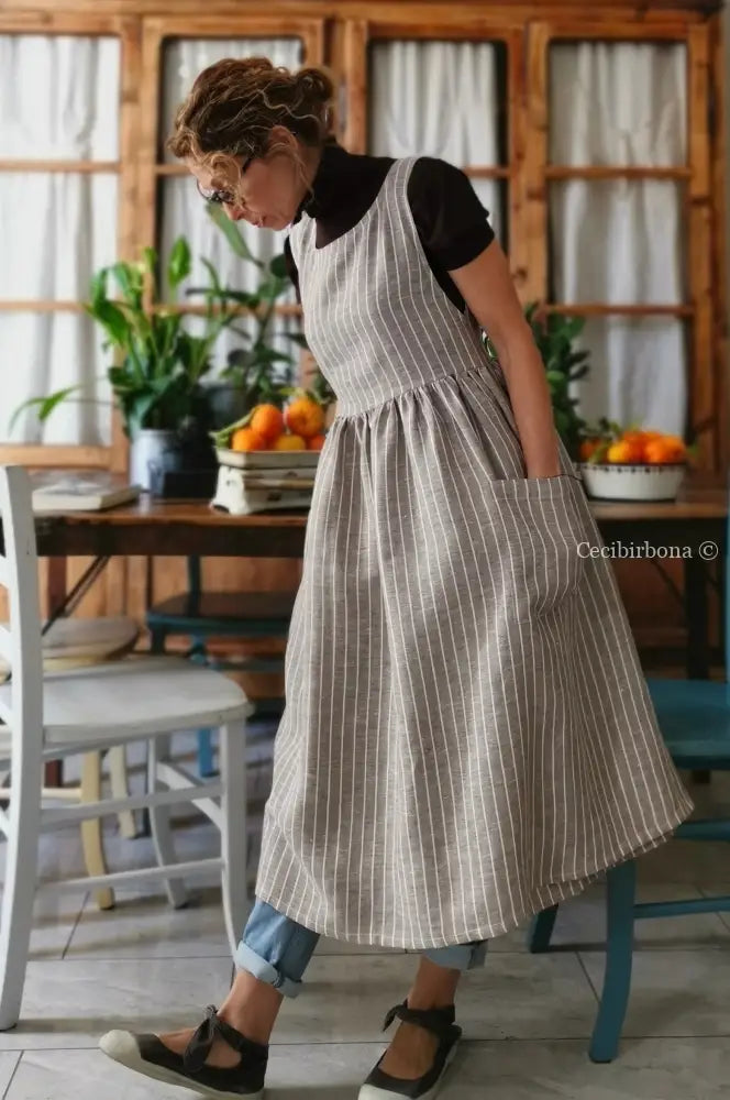 Grembiule donna in lino marrone rigato (Ref. 81) grembiule donna tessuti moderni