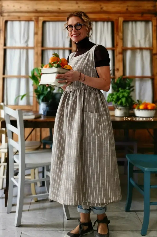 Grembiule donna in lino marrone rigato (Ref. 81) grembiule donna tessuti moderni